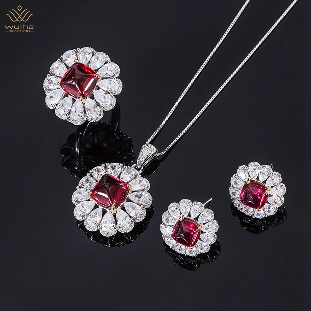 

WUIHA Luxury 925 Sterling Silver 10*10MM Ruby Sapphire Courndum Ring/Earrings/Pendant/Necklace Anniversary Jewelry Set Wholesale