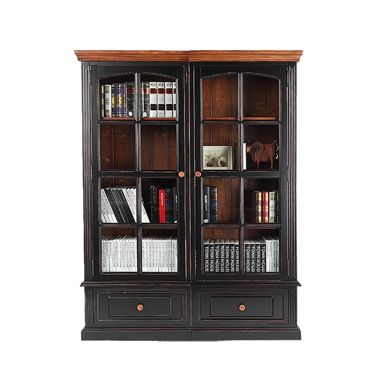 

Американский деревенский книжный шкаф из массива дерева в средиземноморском стиле, модульный, с прозрачными стеклянными дверцами для хранения.