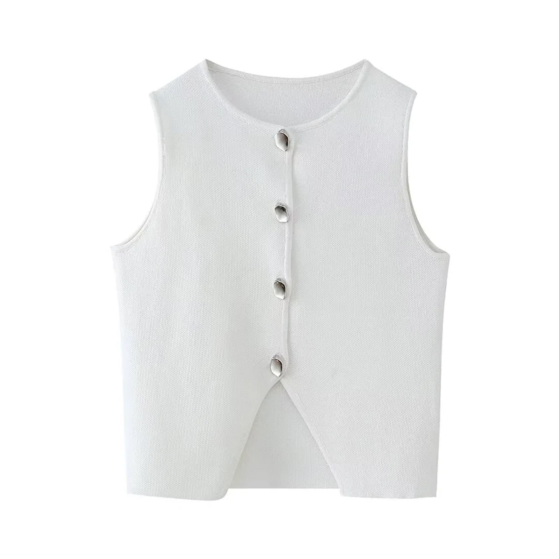 

CLAZZAA Women Fashion Solid Single Breasted Knitted Vest Tank Tops Vintage O-Neck Sleeveless Female Chic Lady Top