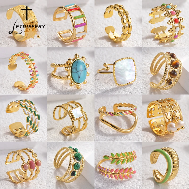 Letdiffery Fashion Stainless Steel Rings for Women Men Gold Color Adjustable Size Colorful Rings Jewelry Gifts Dropshipping