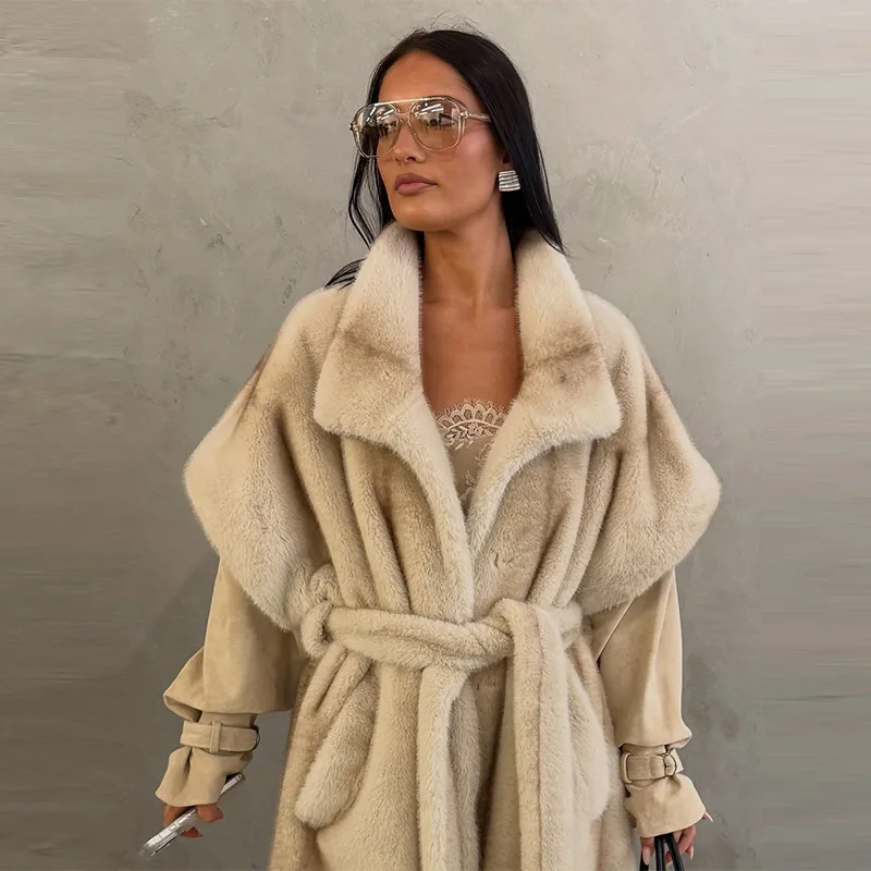 Stylish Elegant Long Coat Patchwork Faux Fur Paneled Tie-waist Overcoat Vintage Warm Thick Fall Winter Trendy Women Streetwear