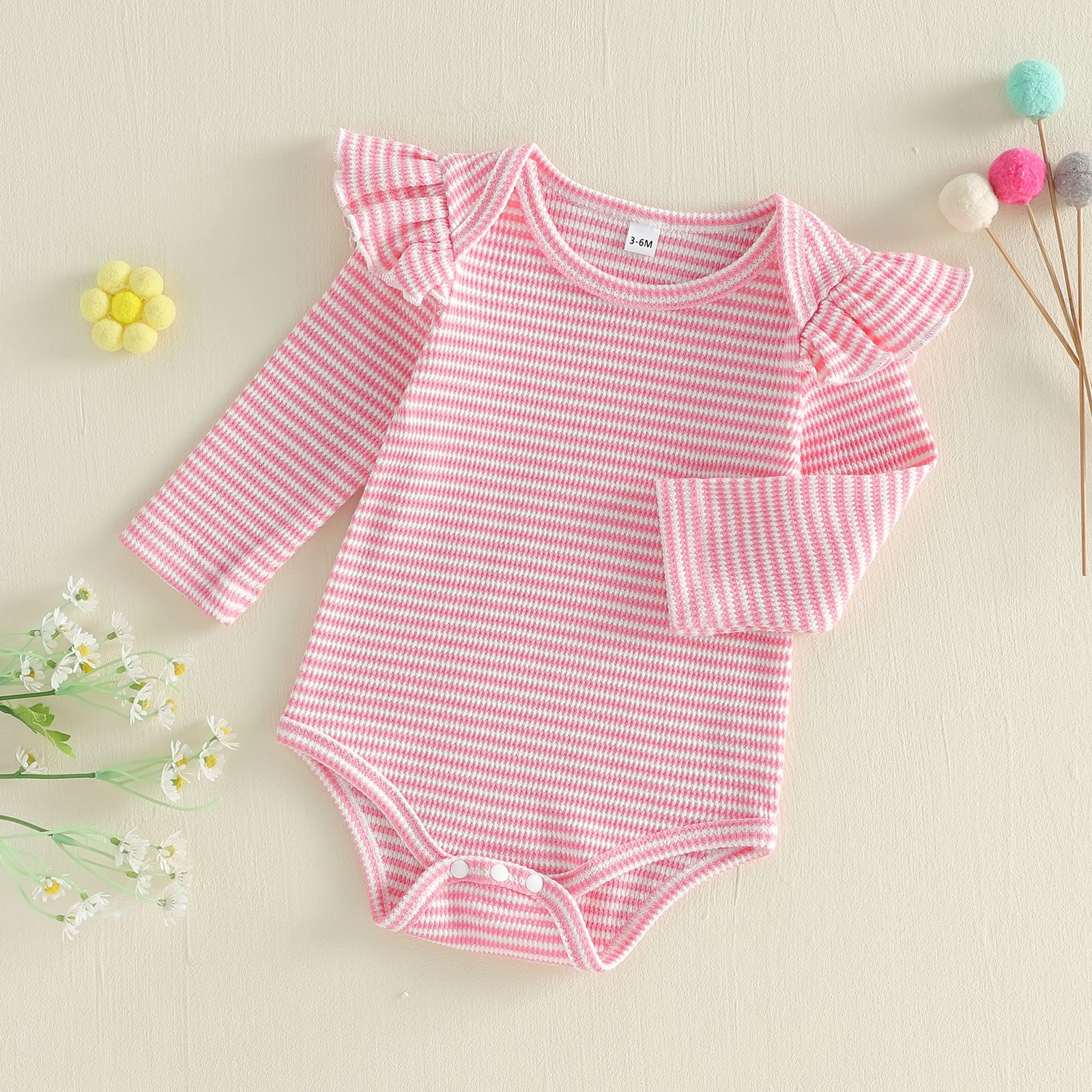 

Вязаный комбинезон для малышей девочек, весенне-осенний, хлопковый, с рюшами, длинным рукавом, круглым вырезом, полосатый принт, детский комбинезон-боди