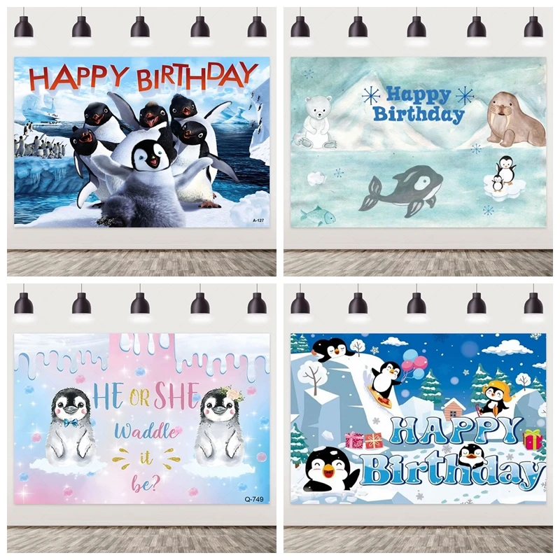 

Winter arctic animals penguin polar bear snowflake decorative Backdrop children custom baby shower photography background Props