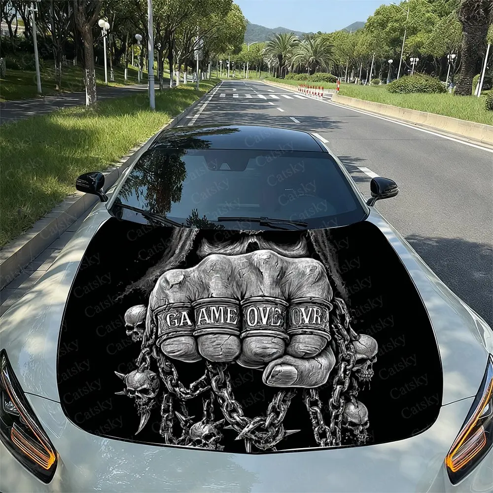 Chain Boxing Gloves Skeleton Car Hood Vinyl Sticker Wrap, Universal Engine Cover Decal, Durable Paper Material, Protective Film