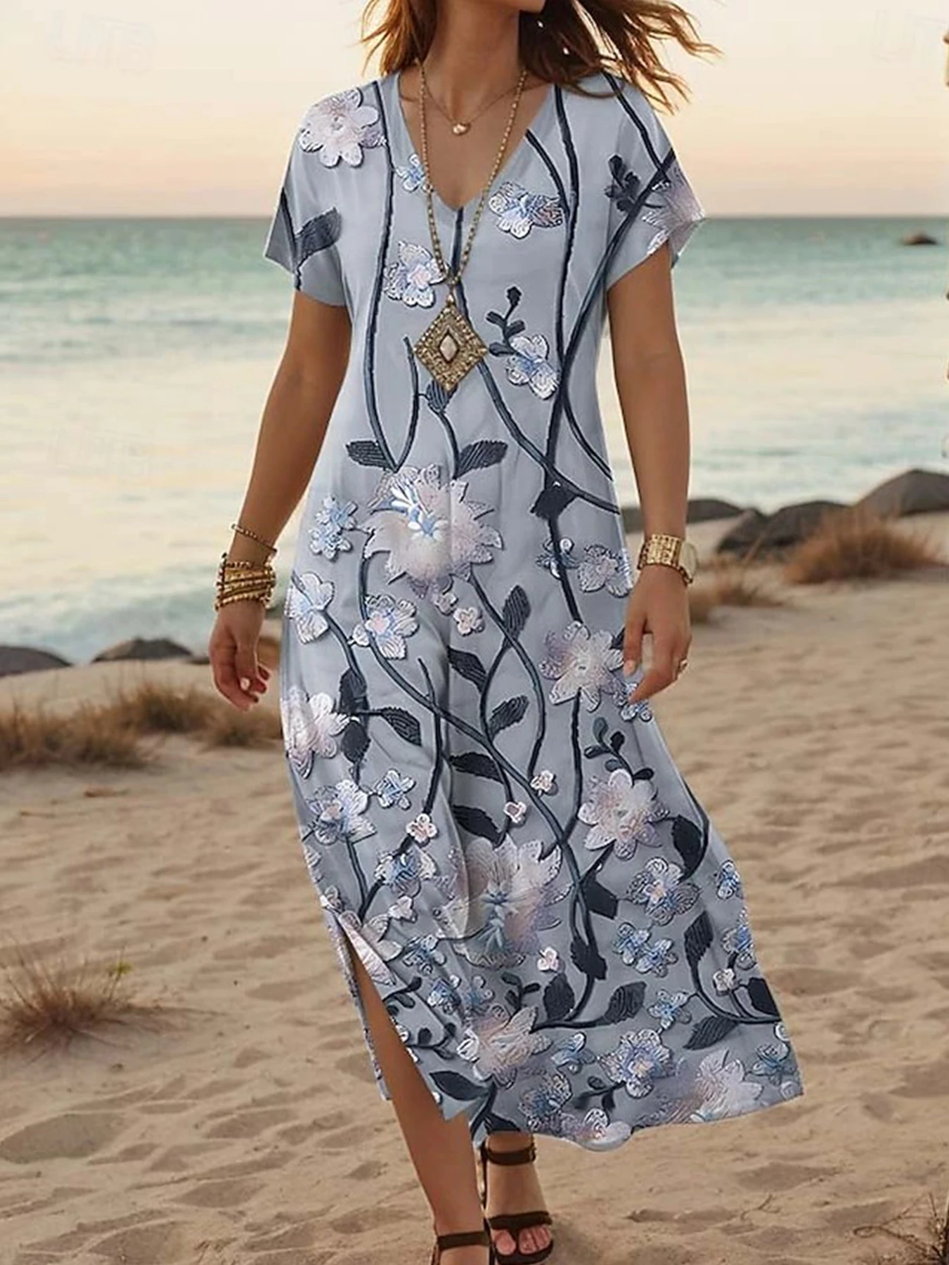レディース マキシドレス カジュアル 半袖 Aライン Tシャツドレス スタイリッシュ Vネック レギュラーフィット プリント プルオーバードレス レディース ファッション用