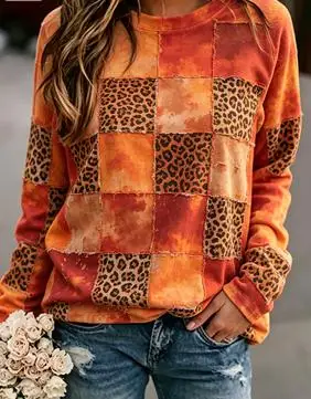 Women's Mandala Print Sweatshirt Blue Purple Plaid Boho Long Sleeve Crew Neck Top