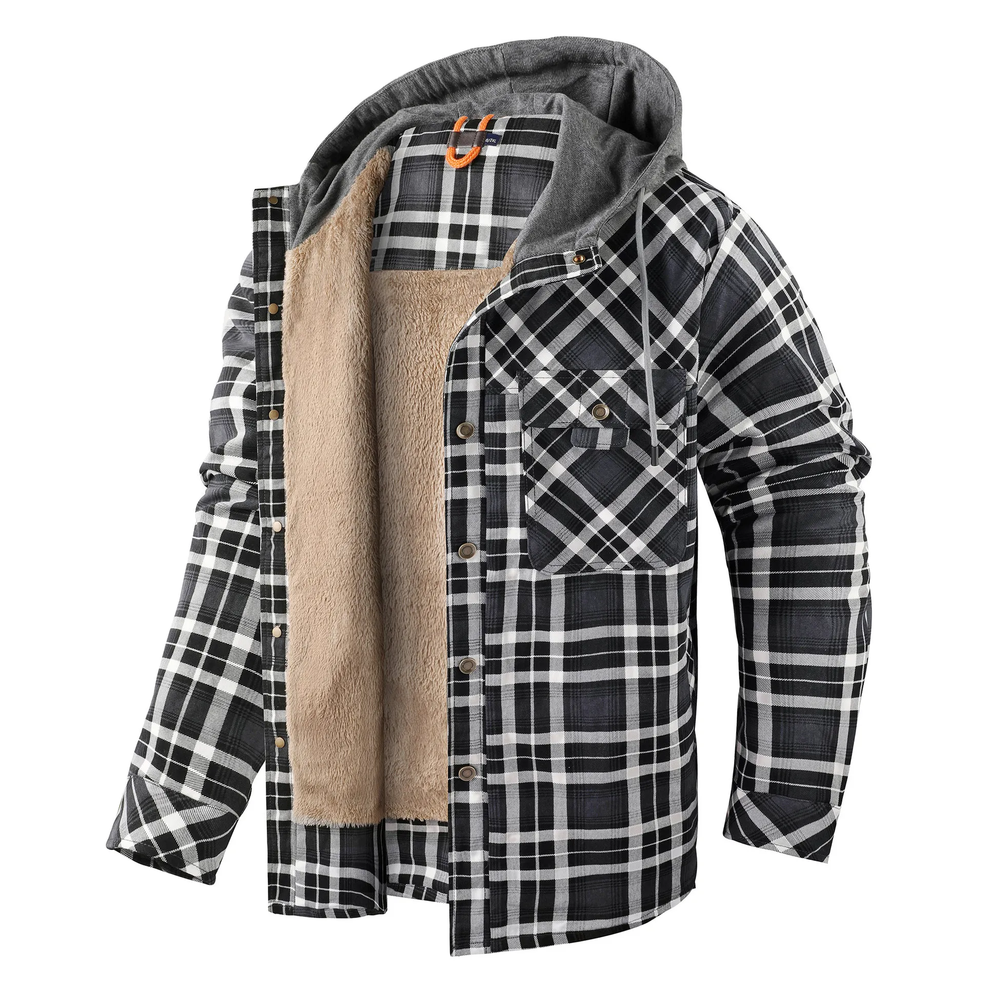 2024US men's long sleeved plus plush thick hooded checkered shirt for autumn and winter plus men's top cotton jacket