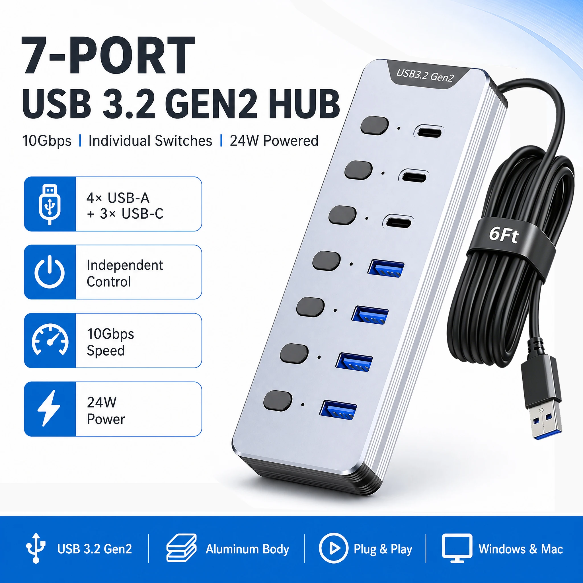 10Gbps USB 3.2 Gen2 Hub 7 Ports 4A+3C Powered Docking Station Individual Switches 24W DC Power Aluminum USB Splitter for Laptop