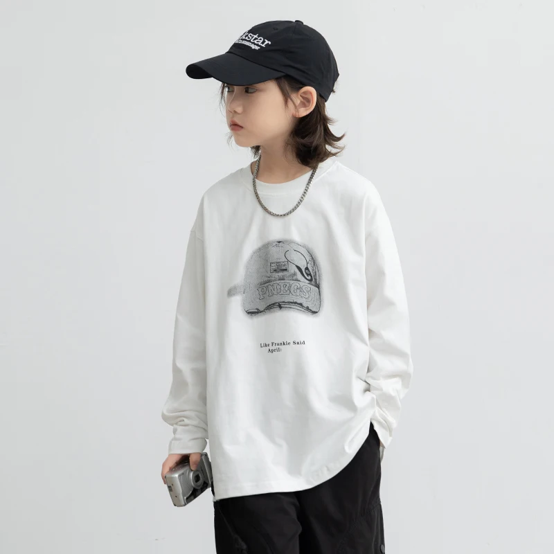 Korean Kids Autumn Pullover Cotton T-shirt For Teen Boy Long Sleeve Round Collar Tshirt School Child White Color Fashion Tee Top