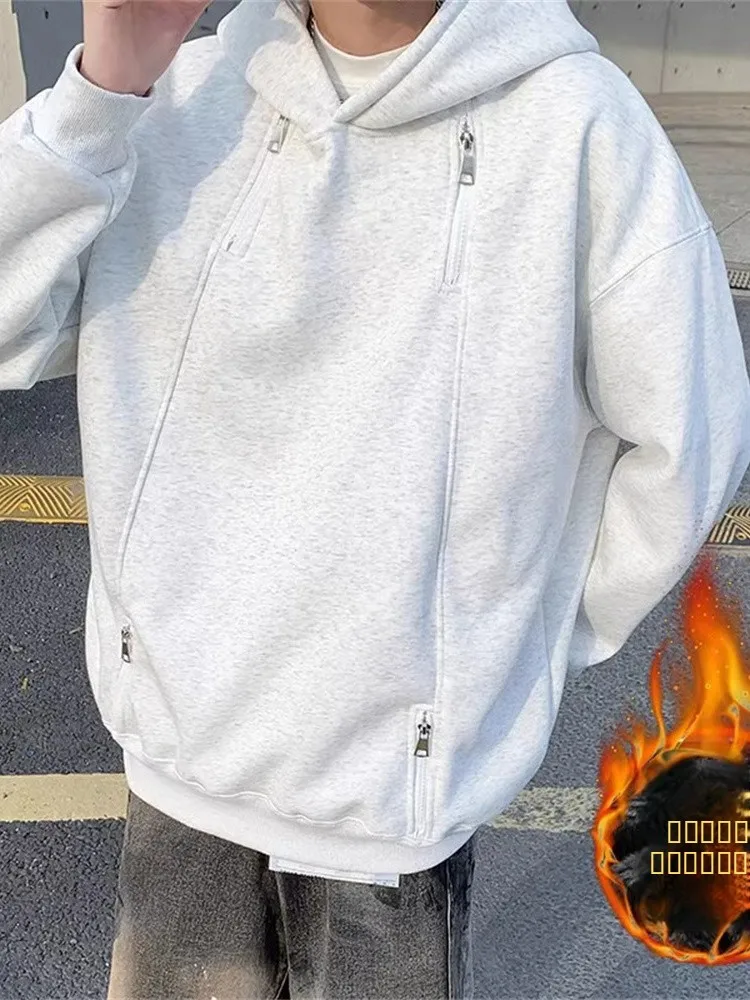 

Heavyweight ey Hooded Double Zipper Men's Sweatirt Autumn Winter Fce Lined Thiened American Sle Casual Sportswear