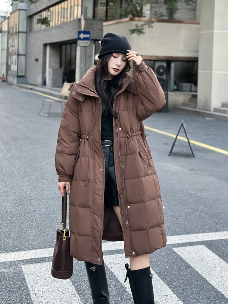 

Winter Long Hooded Knee Length Down Jacket Women White Duck Down Thick Down Jackets Female Waist Drawstring Warm Parker Outwears