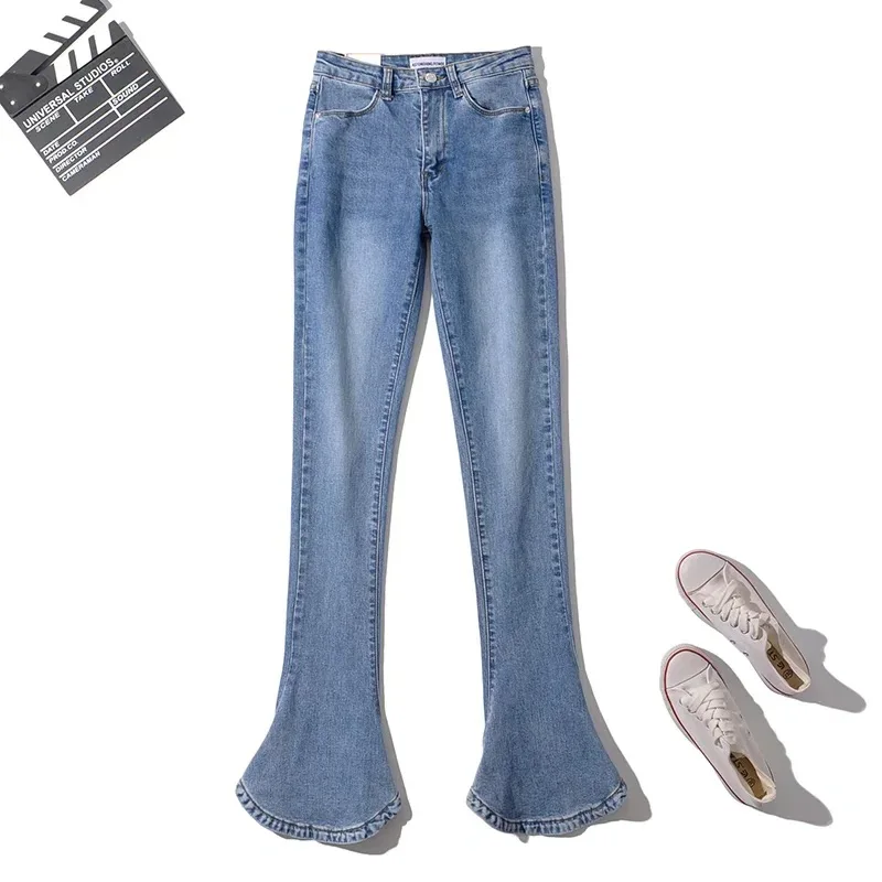 American Four Seasons Hot Girl Retro High-waisted Stretch Slimming Denim Long Horseshoe Pants, Women's Casual Micro Flared Jeans
