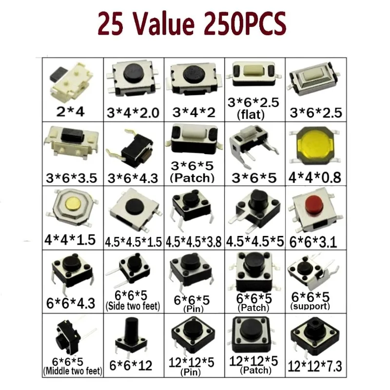 250Pcs 25 Values 10 Pieces Each Type Tactile Push Button Switch SMD Micro Momentary Tact Switch Assortment Kit