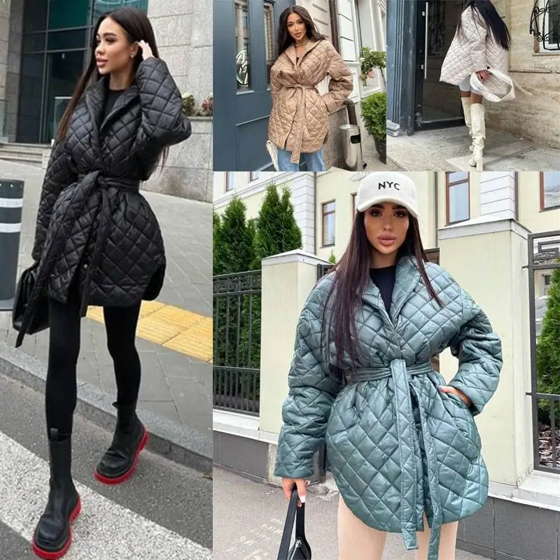 

Winter Women's Long Sve Collar Cotton Jaet Coat Belted Waist T Sle Front ort Ba Long Mid-Length Personalized