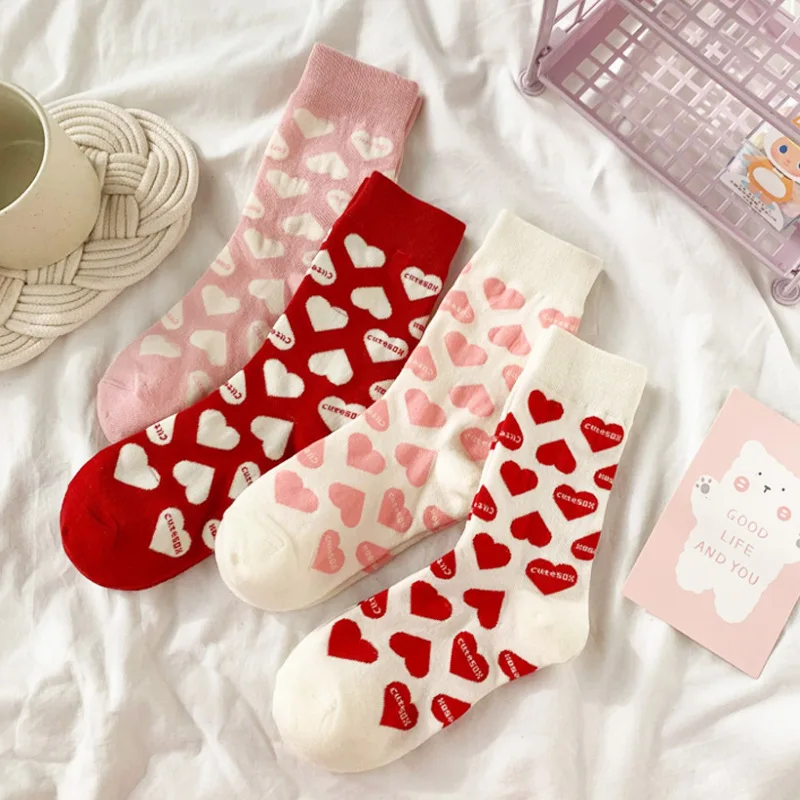 4 Pairs of Heart-Shaped Printed Couple Socks with Multi Colored Heart-Shaped Patterns, College Style, Daily Versatile Short Sock