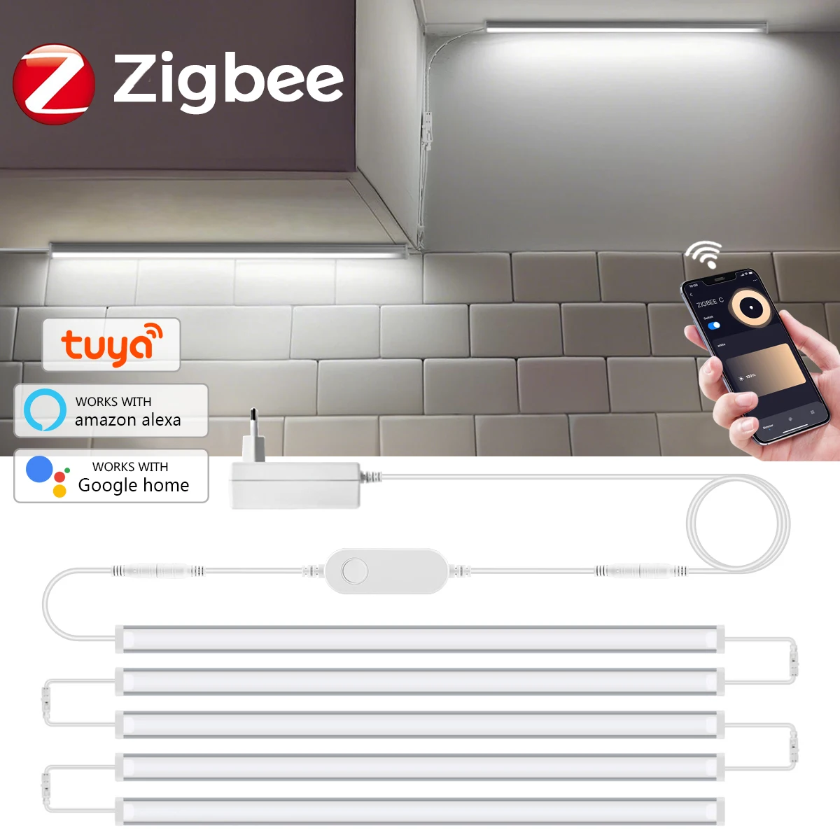 Tuya Zigbee LED Cabinet Light Bar Kit-WiFi Dimmable Aluminium Tube for Kitchen Closet Voice Control Compatible with Google Alexa