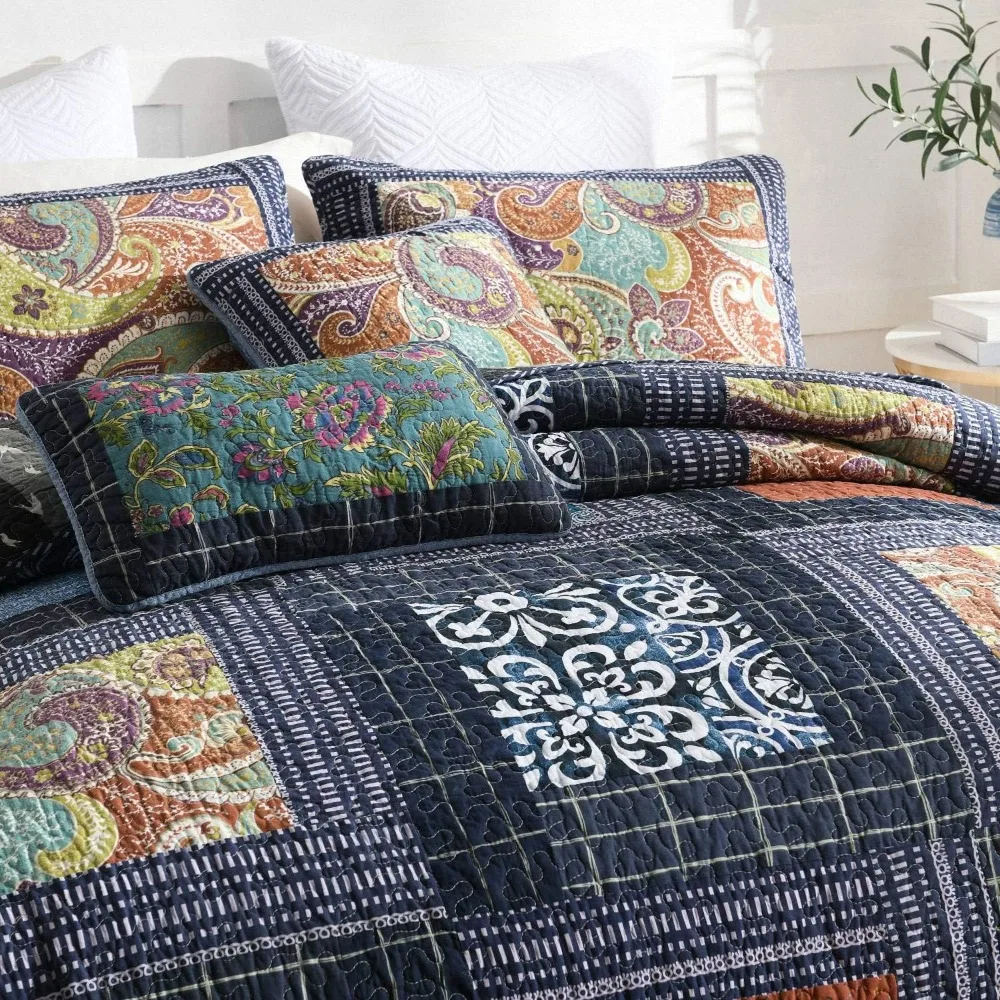 Bedspread Quilt Set with Real Stitched Embroidery, Paisley Grid Pattern,King Size