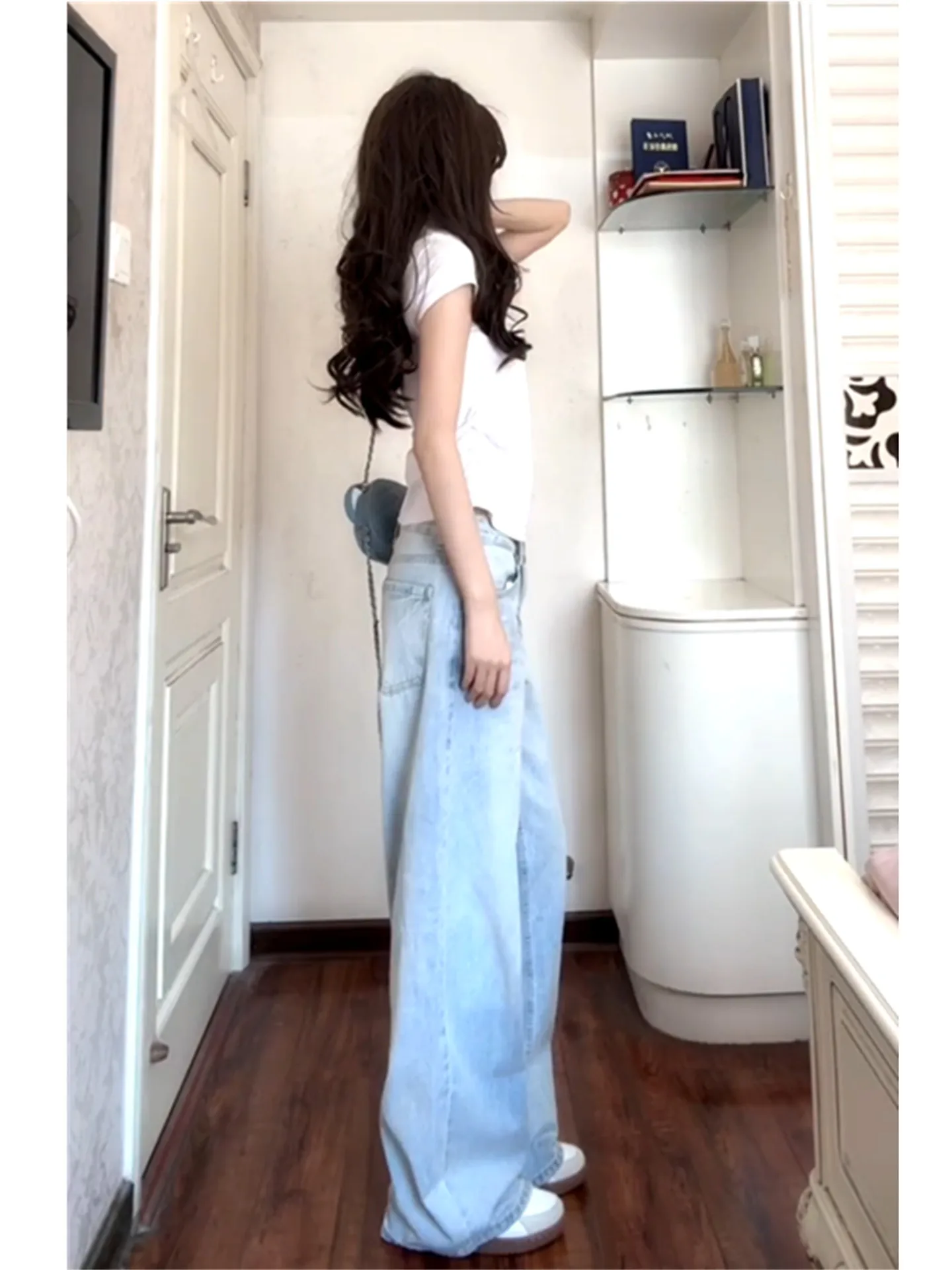 

Retro American Light Blue Wide Leg Jeans Women Loose Slimming Tall Extended Floor-Length Pants Spring Cotton Natural Waist