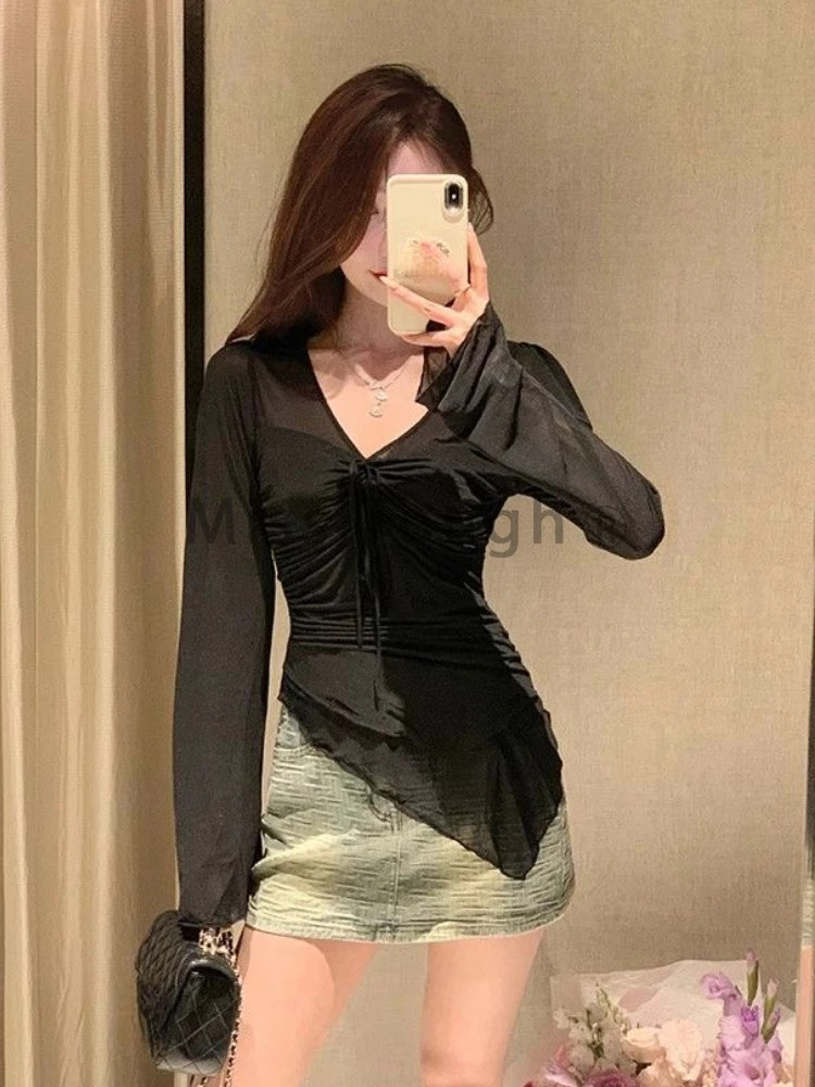 Summer New Thin Cardigan Women Sexy See Through Y2k Design V-Neck Harajuku Clothes Female Korean Fashion Chic Vintage 2000s Top