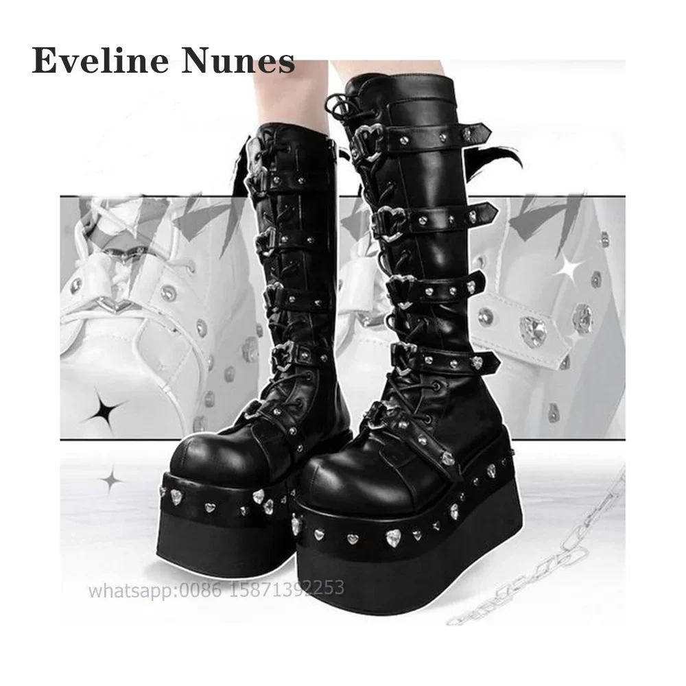 Heart-Shaped Rhinestone Platform Booty Round Toe Height Increasing Cross Tied Belt Buckle Knee High Boots Zip Spicy Girl Shoes