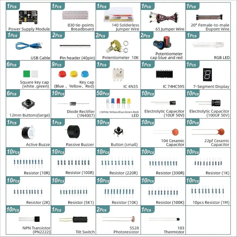 For UNO R Component Pack Electronic Parts 830 Hole Breadboard Kit Including Electrolytic Resistor Led For Beginner Star