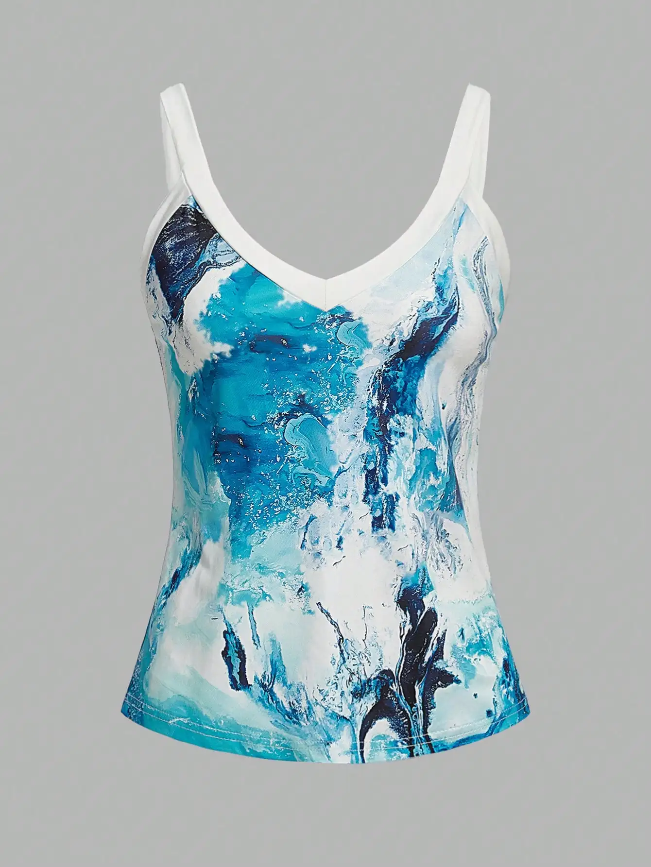 2024 New Fashionable Women\'s Tank Top with Abstract Ocean Color Printed Contrast Collar Edge Strap V-neck Spring/Summer Tank Top