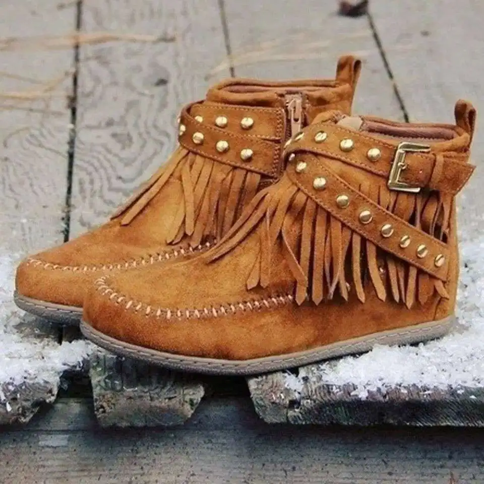 

Women's ort Boots Autumn Winter New Large Size Independent Station Rivet Flat Bot Tassel Boots Faionable Sweet Sle