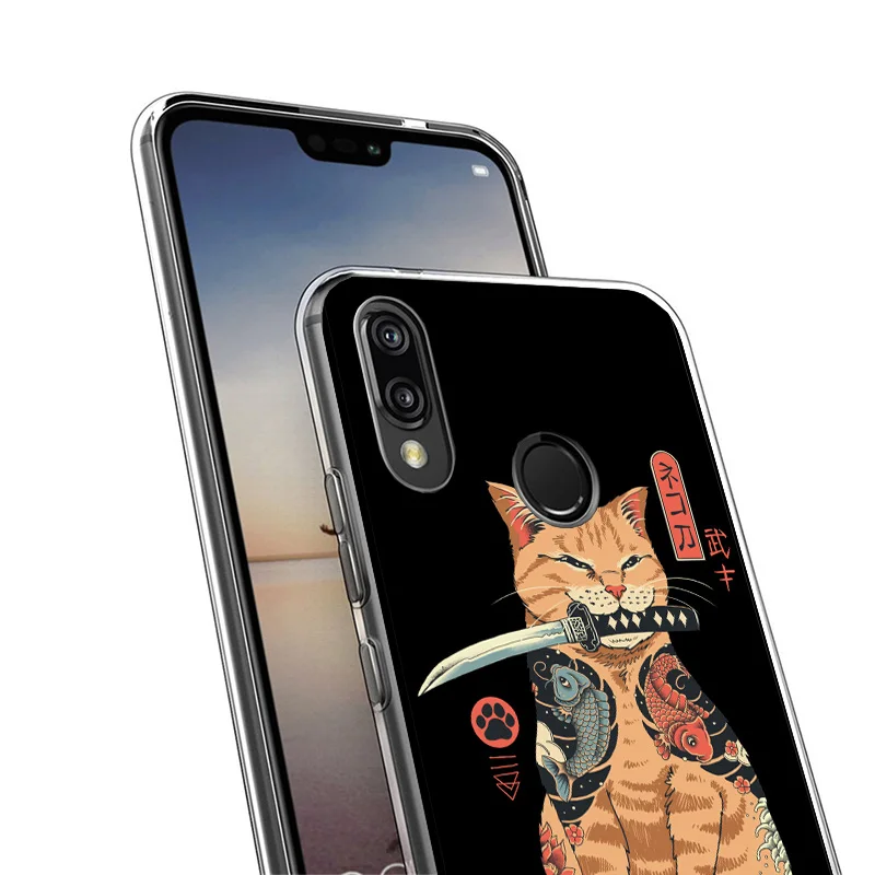 Ramen Sushi Samurai Tattoo Cat Cover Phone Case For Huawei P40 P30 P20 P10 Lite Mate 20 10 Pro P Smart Z Y5 Y6 Y7 Y9S Soft Funda