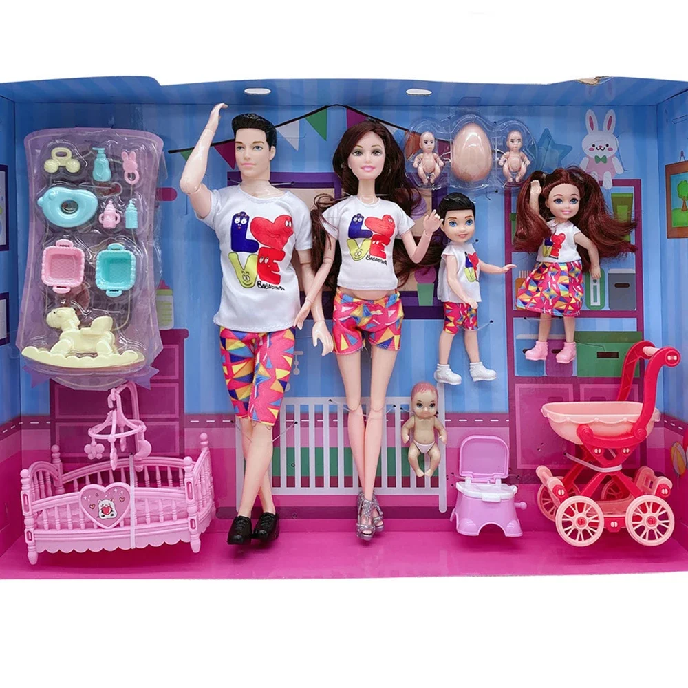 5Pcs/Lot Family Couple Dolls Pregnant Mom Doll Stroller Bed Accessories Baby Boy Ken Playset Kids Pretand Play Toys Girls Gifts