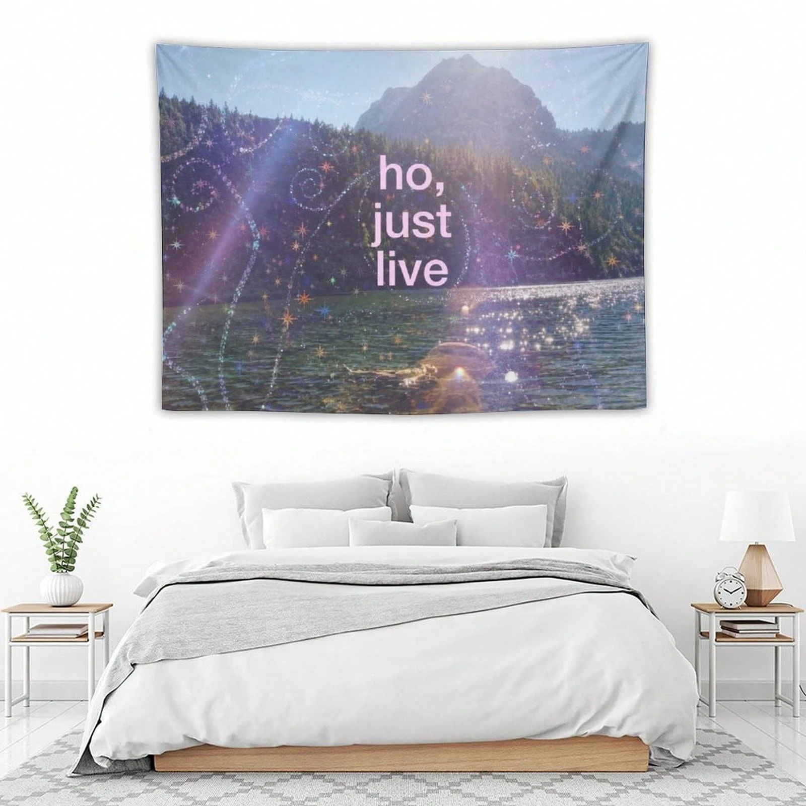 1pc Ho Just Live Quote Tapestry, Mountain Lake Scenery Wall Hanging, Decor for Bedroom Living Room Dorm Home Gift