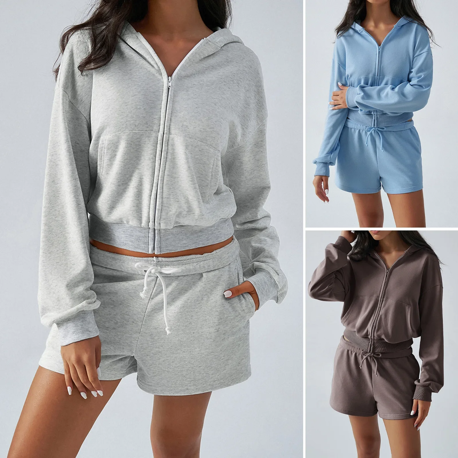 

Женский комплект из 2 предметов, весна-лето, новая женская спортивная куртка на молнии с капюшоном + однотонные повседневные шорты, спортивная одежда для женщин