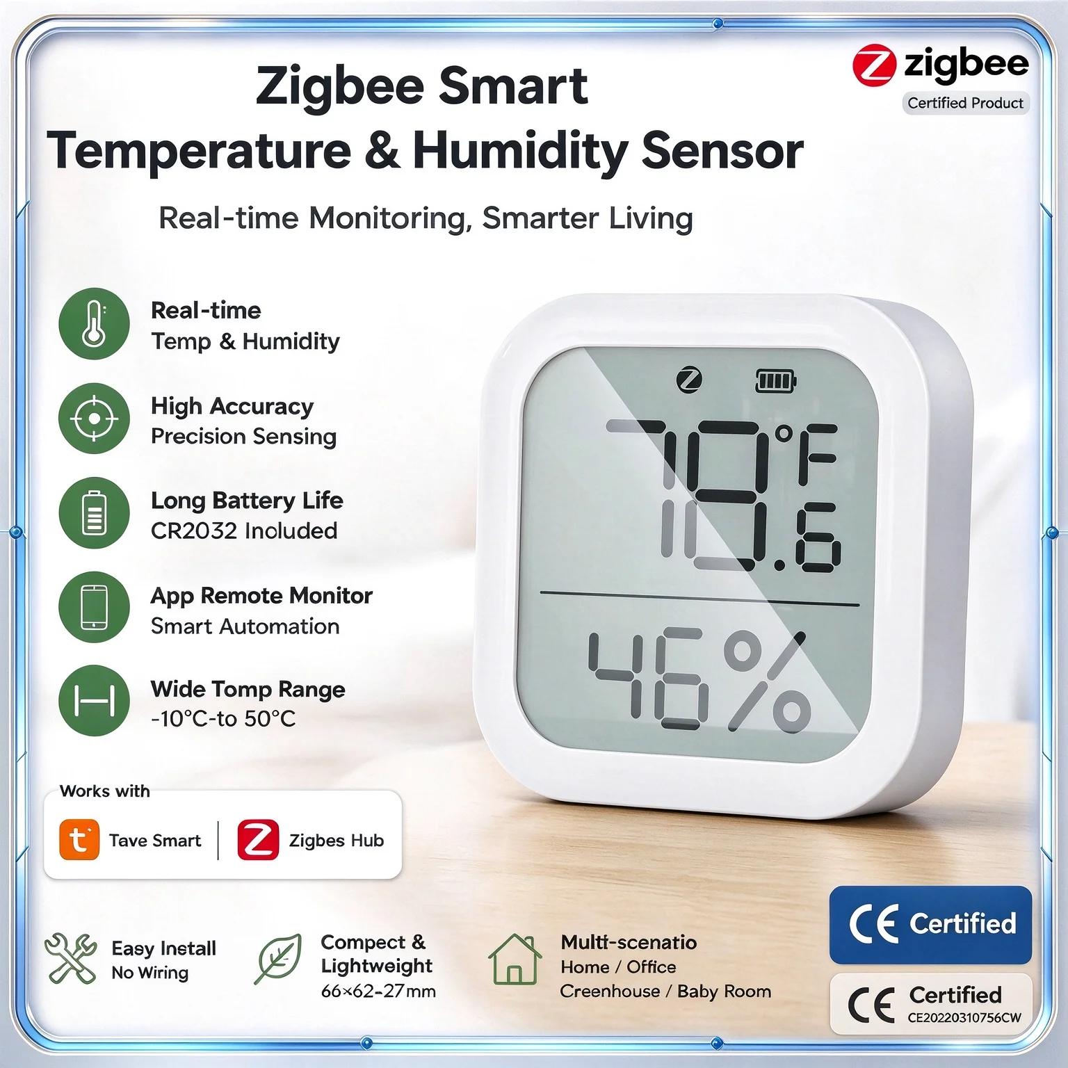 Sensor de temperatura e humidade Tuya Zigbee, termómetro e higrómetro sem fios com ecrã LCD, monitorização por aplicação para casa inteligente, compatível com Smart Life, Alexa e Google Home.