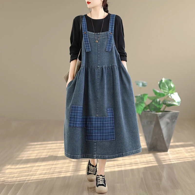 

High Waist Denim Patchwork Waed Overalls Dr Women's plus Size Casual Sle A-Line Skirt Dr Mid-Length Svel