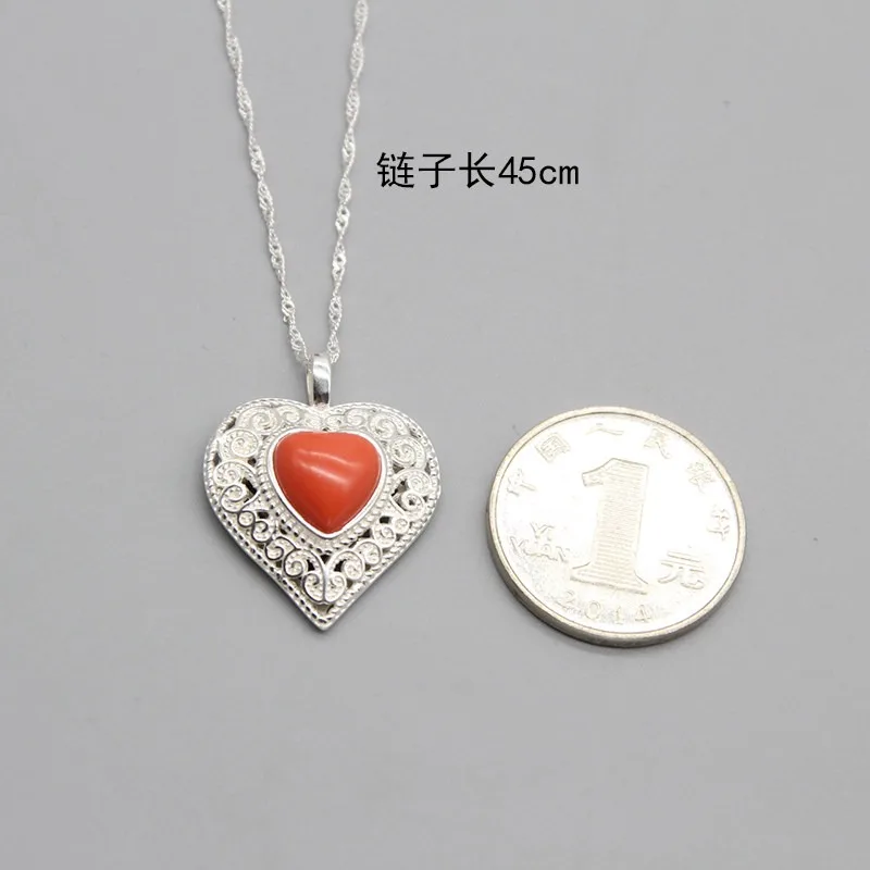 Women's Retro Heart Necklaces, Mongolian Silver Carved Pattern, Handmade Turquoise Inlay, Delicate Vintage Boho Fashion Jewelry
