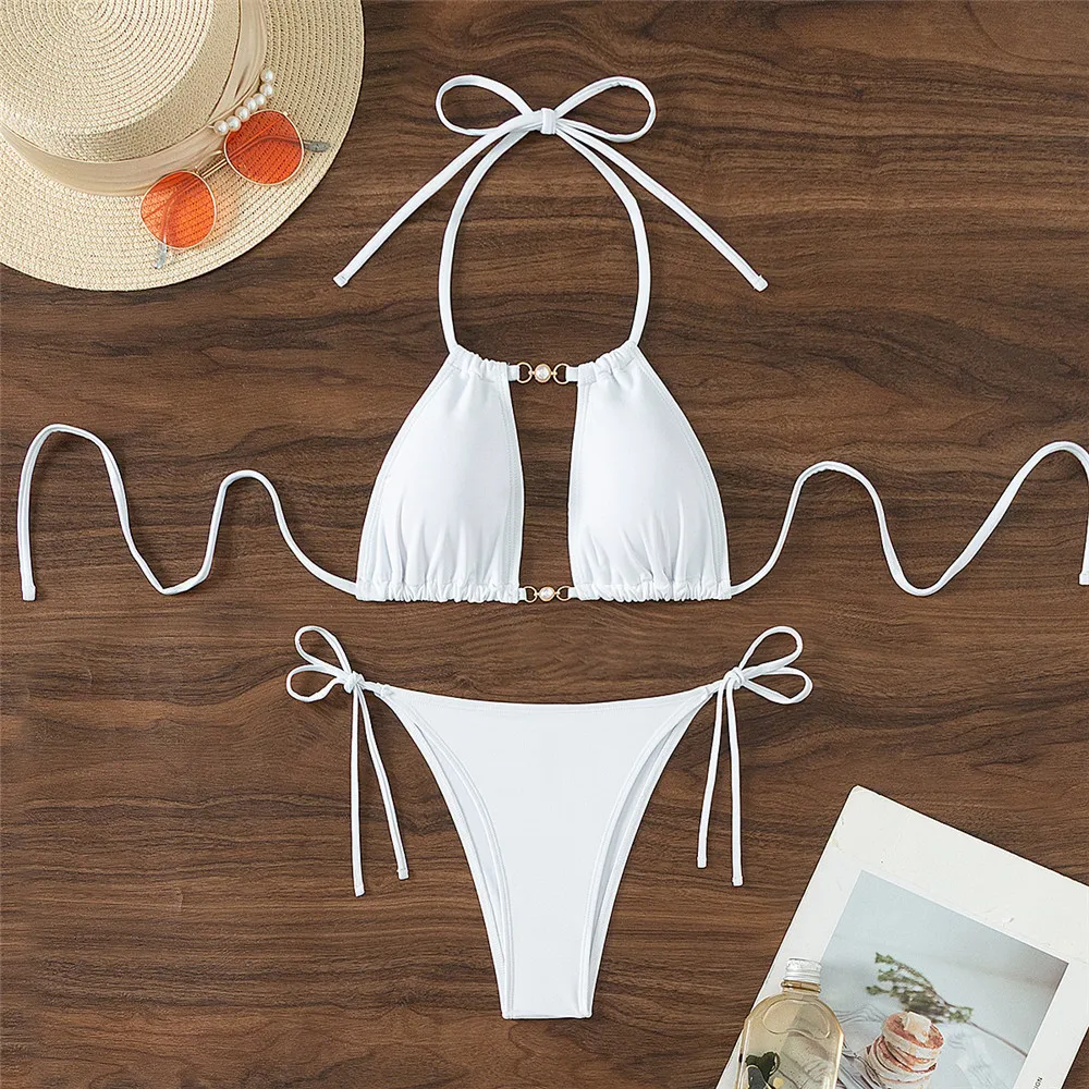 Bikini Set Sexy White Hollow Out Swimwear Micro Women 2024 Mini Thong Swimsuits Pearl Decoration String Halter Bikini Bather