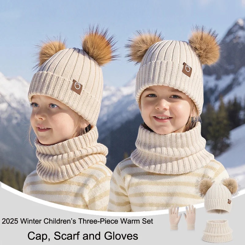 Three-Piece Set 2025 Winter Children's Beanie Cap Knitting Plush Thick Warm Neck Scarf Gloves Set For Outdoor Playing/Sports