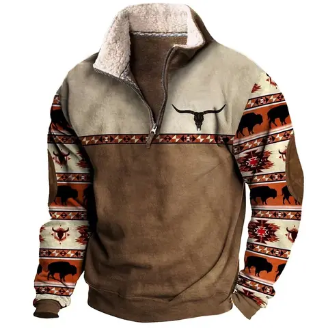 Herr Cowboytröja Vintagetryck Western Aztec-tröja Casual Långärmad Fleece-tröja med 1/4-dragkedja Herrtröja med huva 8 best sales tröja man - №5