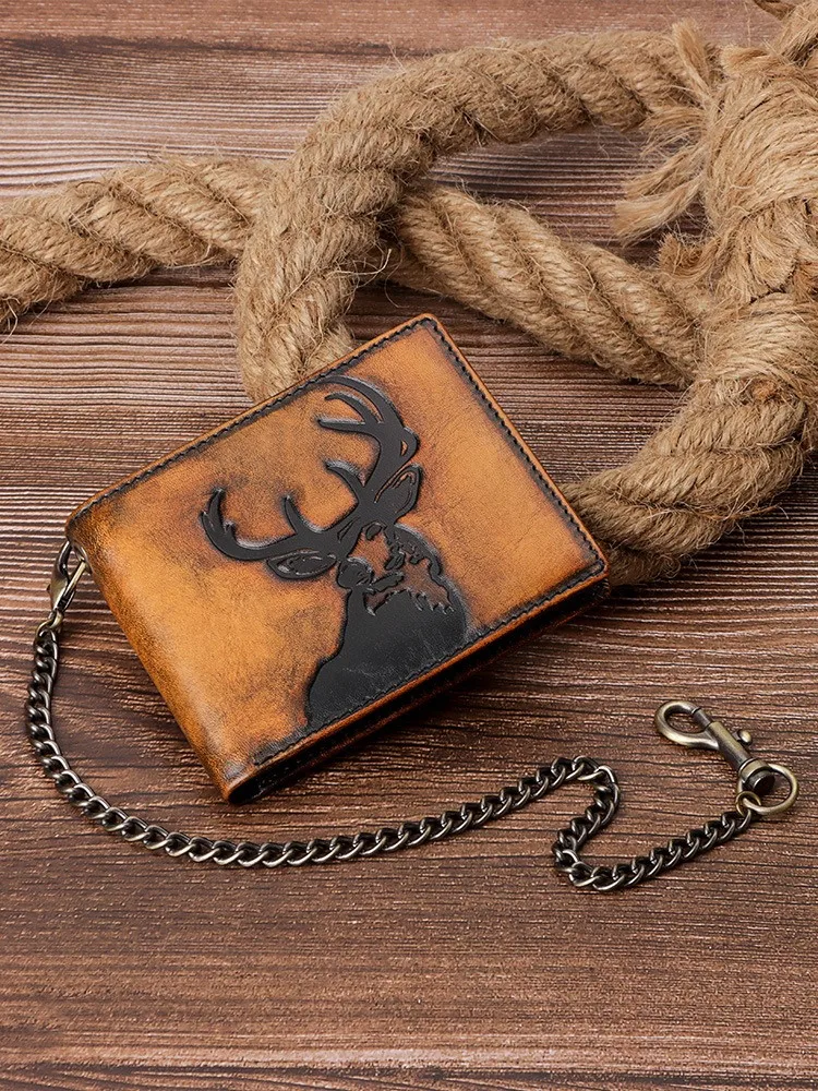 

RFID Shielding Mens Credit Card Holder Wallets Genuine Leather Wallet with Iron Chain Casual Male Coin Purse Money Bag