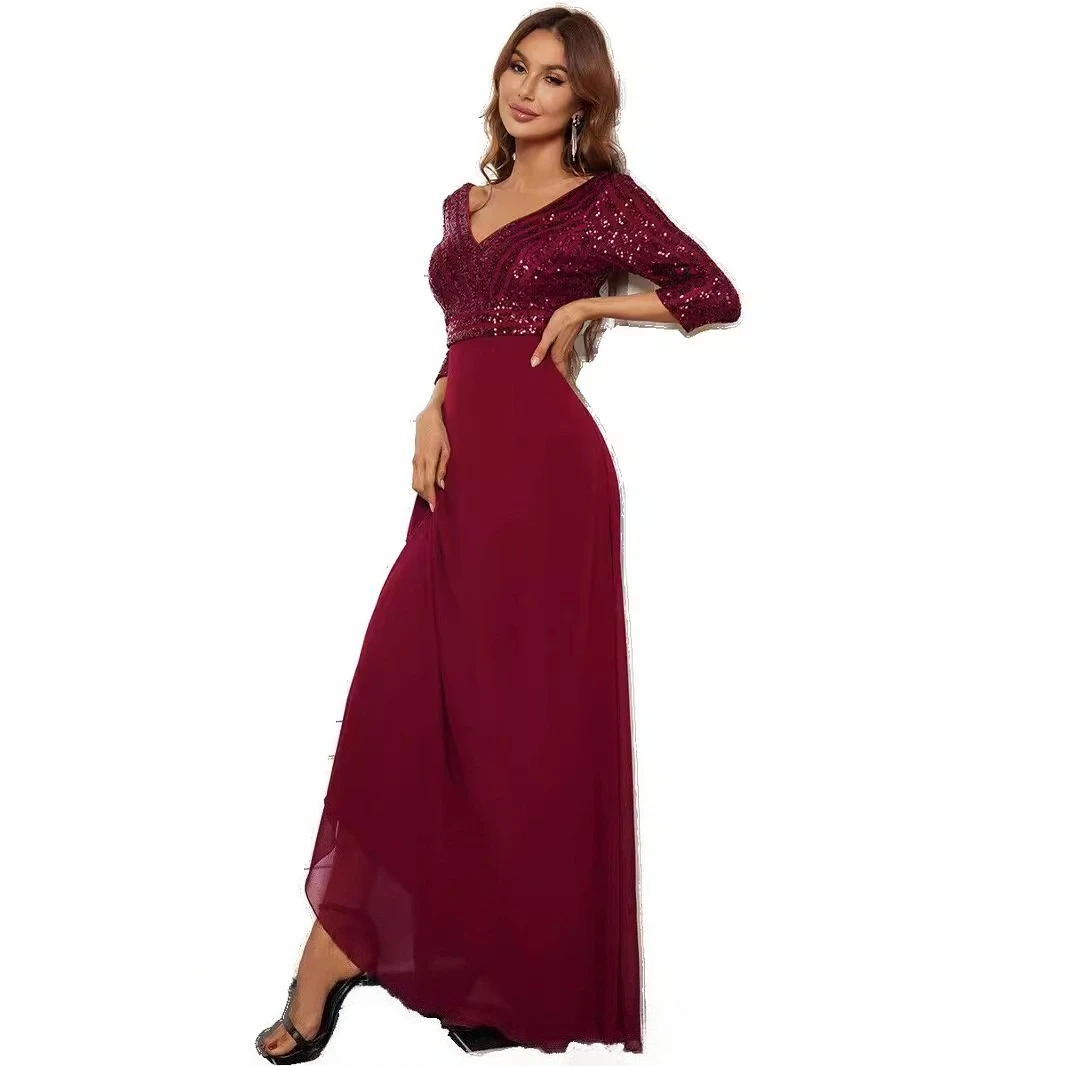 Elegant Sequined Double V-neck Chiffon Long Formal Evening Dress With Half Sleeves