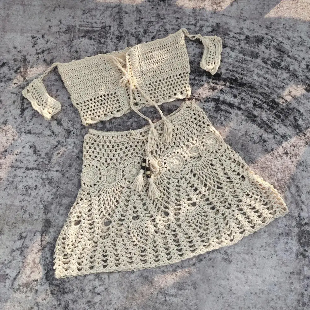 Handgemachte Bade bekleidung Set hand gefertigte Häkel bikini Set mit Schnürung Top hohe Taille Minirock Bade bekleidung 2 stücke gestrickt hohl für Frauen