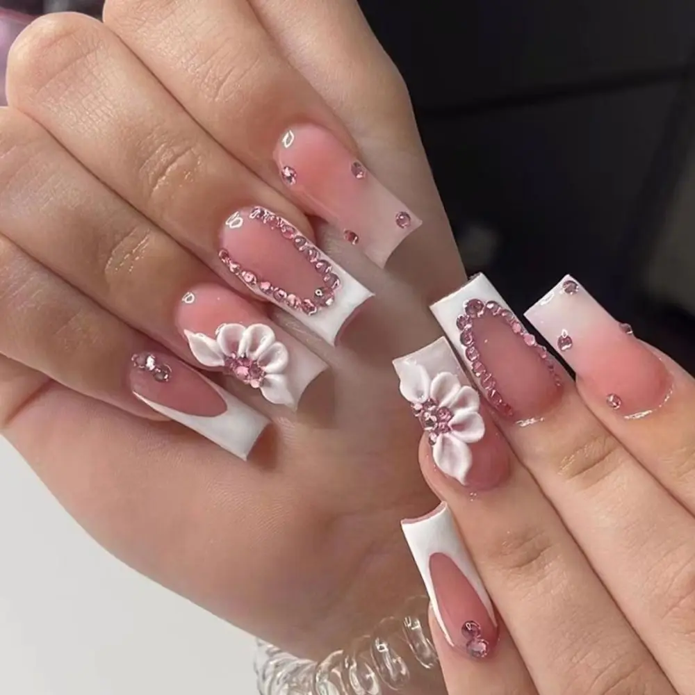 24 Stks/doos Gradiënt Roze Nagel Tips Afneembare Glitter Nep Nagels Lange Ballerina Valse Nagels Volledige Cover Pers Op Nagels Vrouwen Geschenken