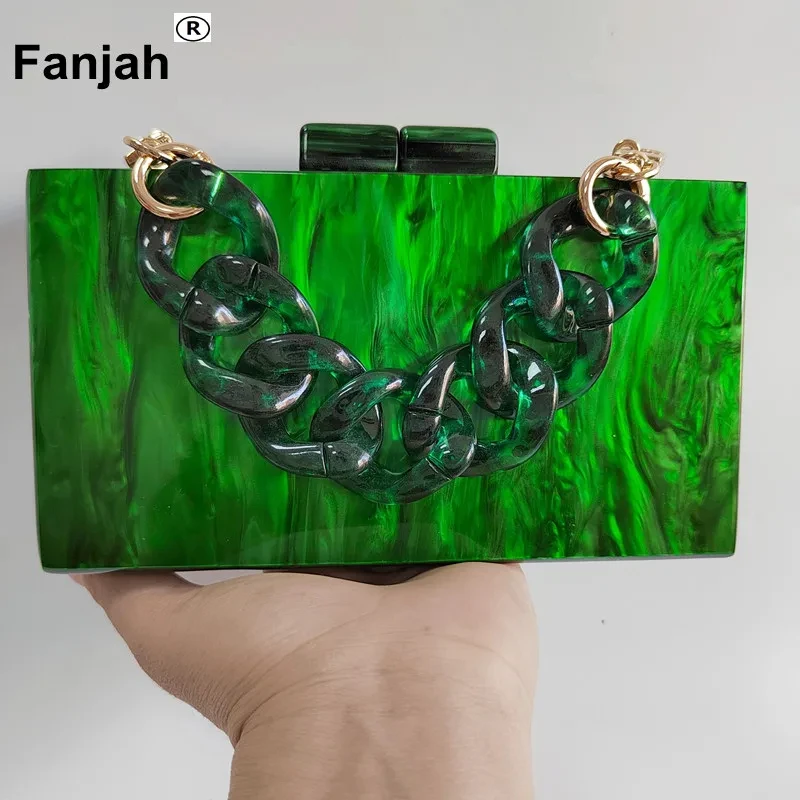 Tas genggam kotak akrilik pesta anak perempuan cangkang mini flap messenger dalam cermin gesper akrilik rantai bahu hijau mutiara