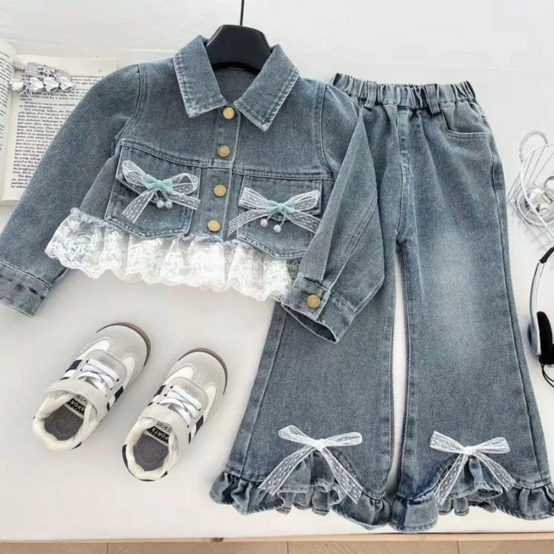 

Girls Sets 2025 Autumn Spring Korean Style Fashion Sweet Cute Lace Bow Ruffles Denim Coat Jeans Two Piece Sets