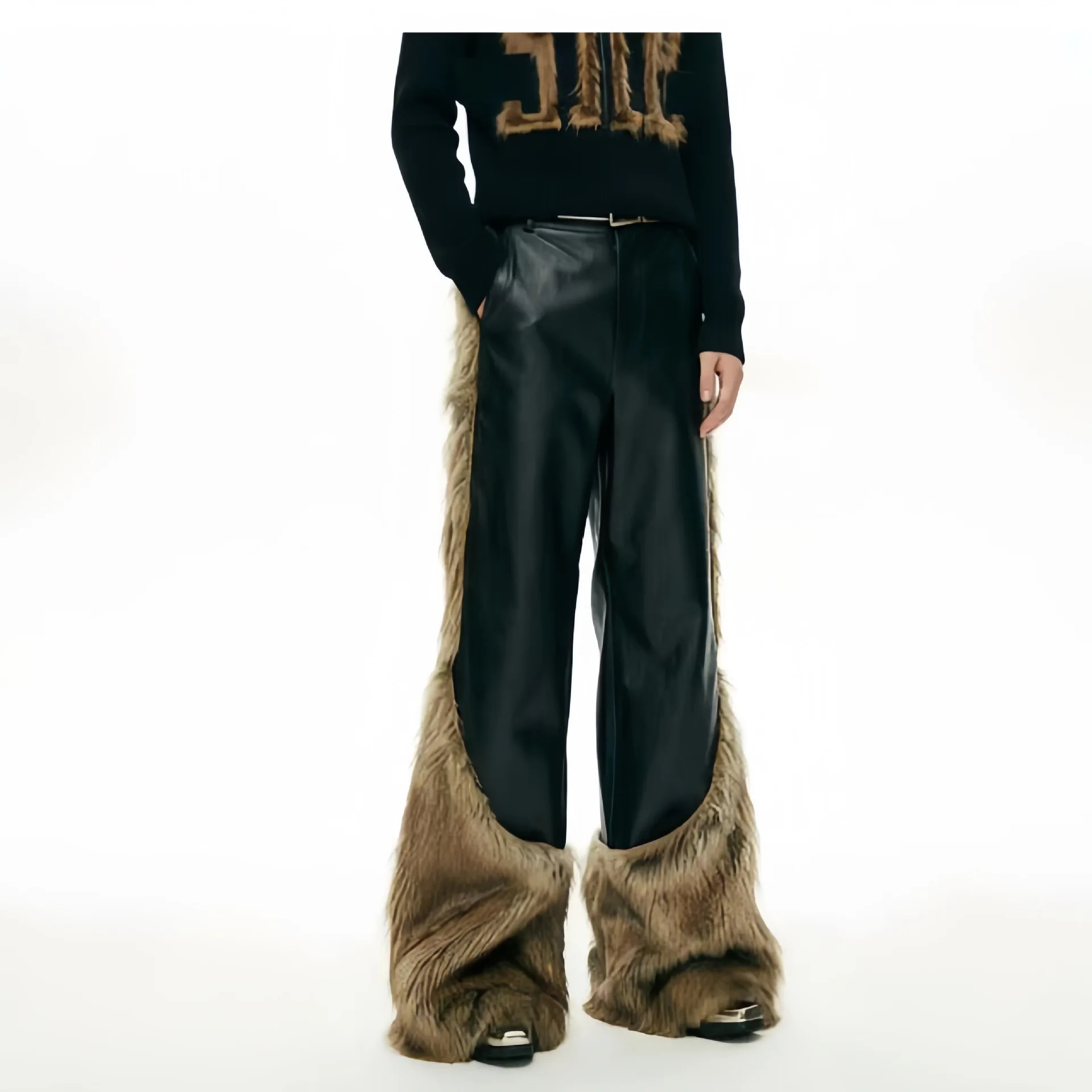 Men's Fashion Winter Faux Leather Pants With Fur Patchwork Elegant Flare Trousers Loose Fit Bell Bottom Buut Cut Pants Windproof