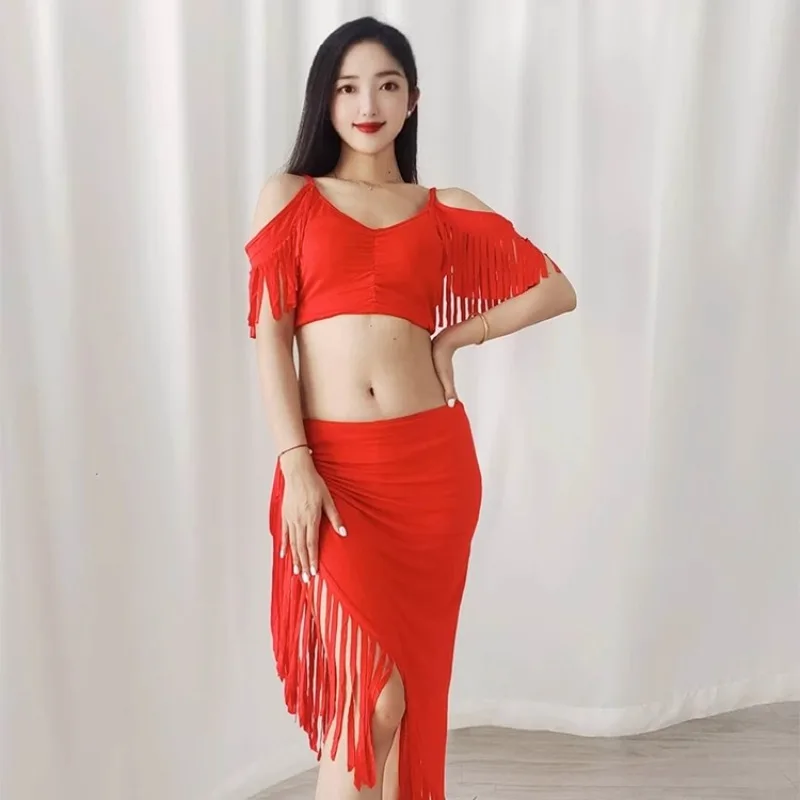 Costumi di danza del ventre personalizzati Abito da pratica Abito da performance ispiratore con striscia infrangia modale Gonna con nappe fatta a mano