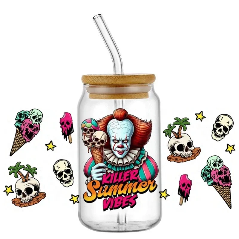 8 Design Halloween Retro Clown Character UV DTF Transfer Decals, Star Skull Ice Cream High Adhesive Waterproof Cup Wrap for 16oz