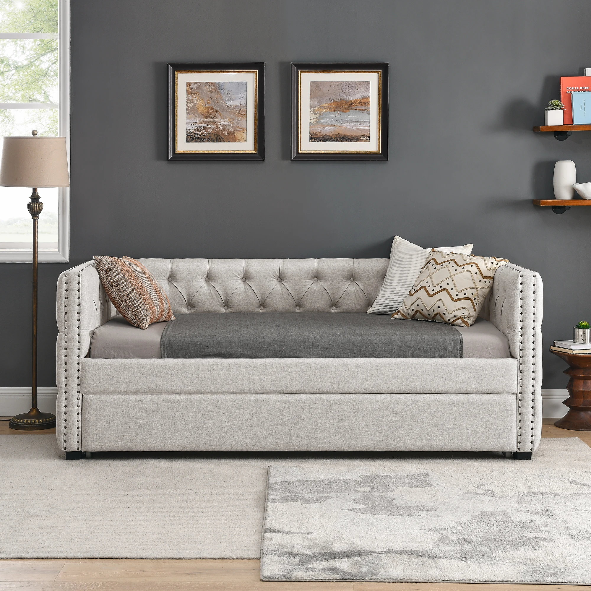 Daybed with Trundle, Upholstered Tufted Sofa Bed, Button & Copper Nail Detail on Square Arms, Twin Size, Beige (85