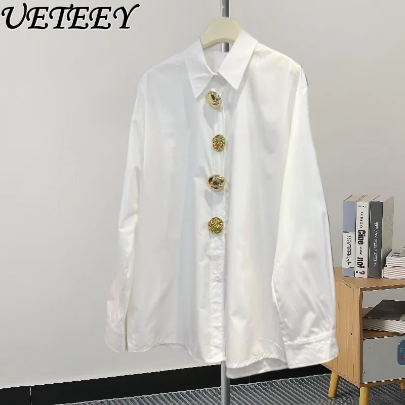 

2026 Spring New Unique Heavily Embellished Oversized Shirt Turn-down Collar Long Sleeves and Casual White Blouse for Women