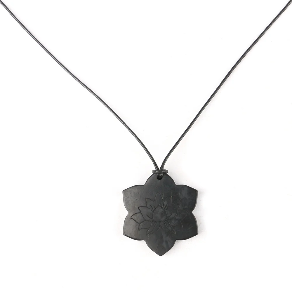 Shungite colar gravar flor de lótus pingente 36mm proteção natural curar cristais preto rússia shungita reiki energia pedra preciosa