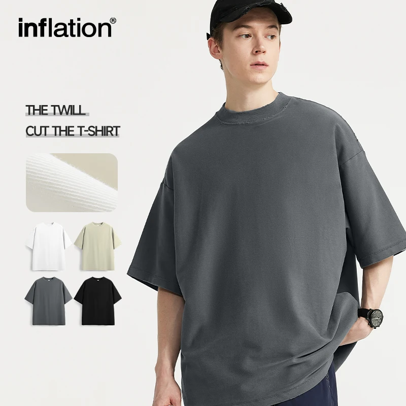 INFLATION Designer Twill Fabric Minimalism Blank T-shirts Men 250Grams Distressed Collar 100% Cotton Oversized Tshirts